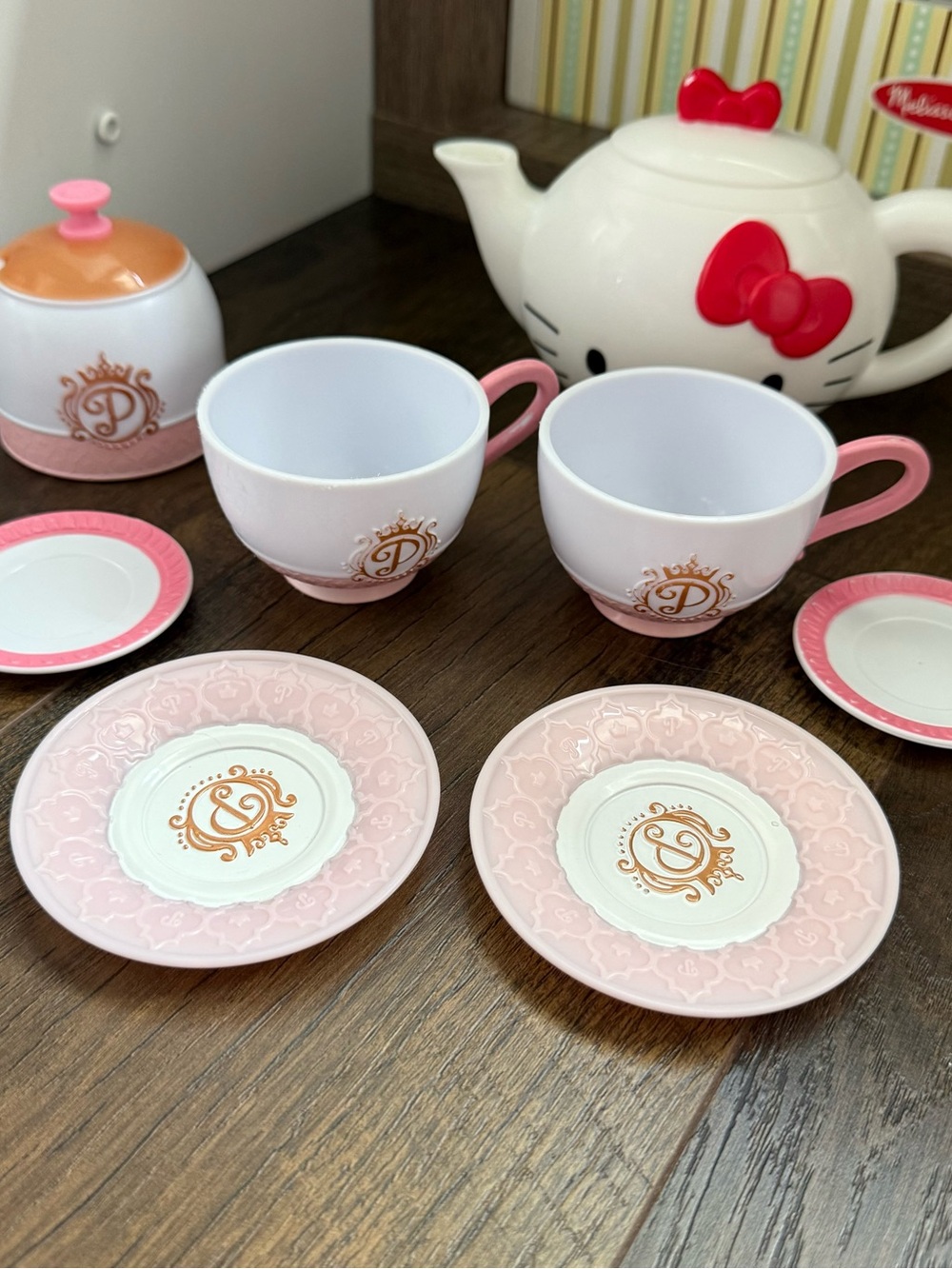 Hello Kitty Pink & White Ceramic Toy Tea Set with Gold Accents